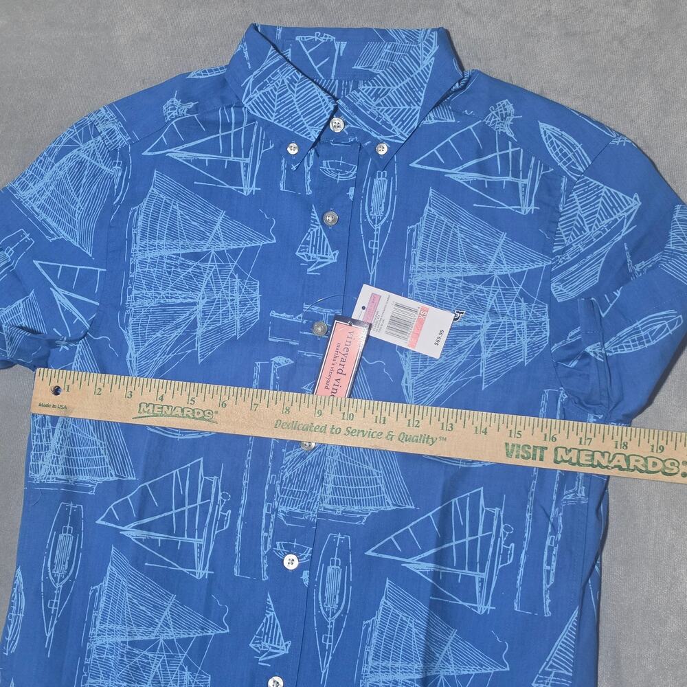 New Vineyard Vines Whale Shirt Blue Sailboat Print Short Sleeve Button Down Mens - Picture 13 of 14